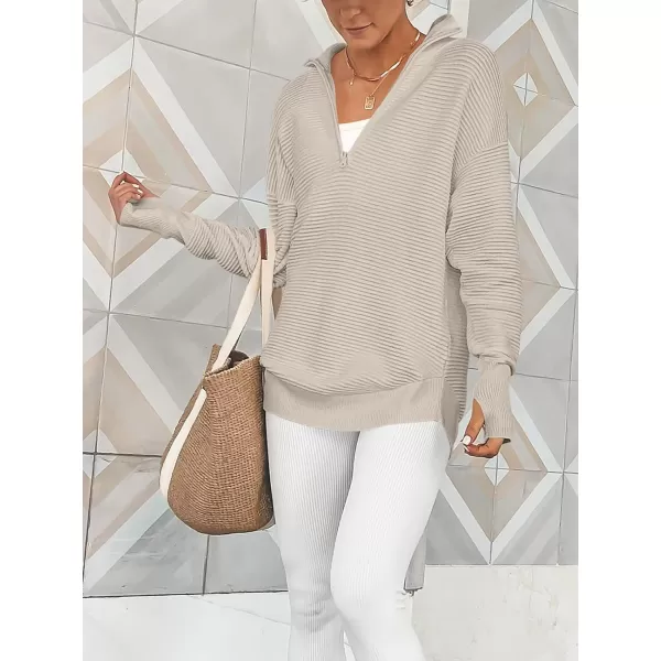 imageANRABESS Womens 2023 Trendy Long Sleeve Half Zip V Neck Collared Casual Oversized Ribbed Knit Pullover Sweater Thumb HoleGray Apricot