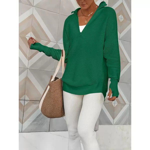 imageANRABESS Womens 2023 Trendy Long Sleeve Half Zip V Neck Collared Casual Oversized Ribbed Knit Pullover Sweater Thumb HoleGreen