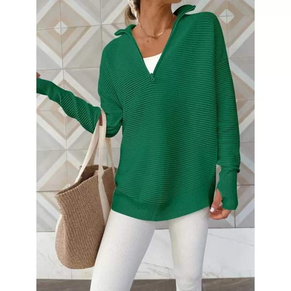 imageANRABESS Womens 2023 Trendy Long Sleeve Half Zip V Neck Collared Casual Oversized Ribbed Knit Pullover Sweater Thumb HoleGreen