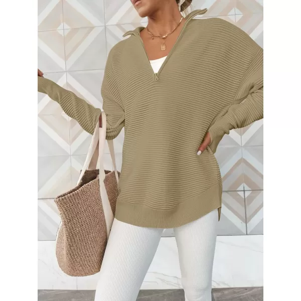 imageANRABESS Womens 2023 Trendy Long Sleeve Half Zip V Neck Collared Casual Oversized Ribbed Knit Pullover Sweater Thumb HoleKhaki