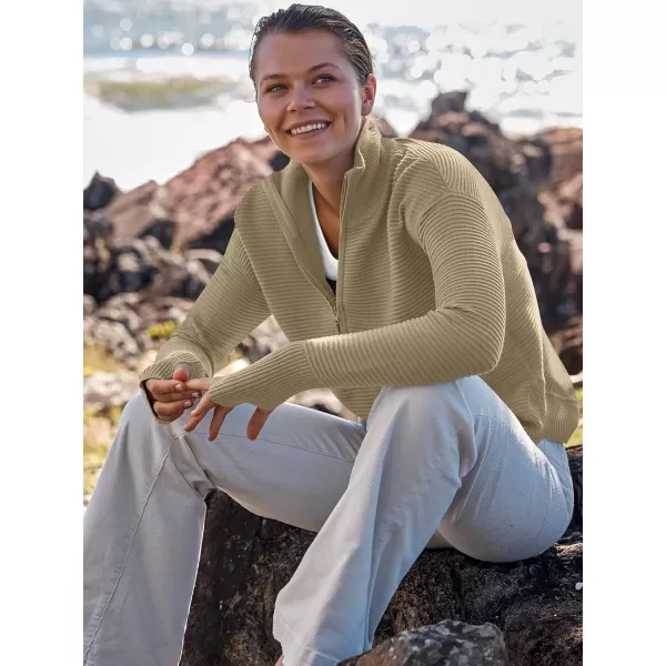 imageANRABESS Womens 2023 Trendy Long Sleeve Half Zip V Neck Collared Casual Oversized Ribbed Knit Pullover Sweater Thumb HoleKhaki