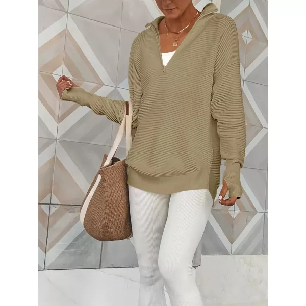imageANRABESS Womens 2023 Trendy Long Sleeve Half Zip V Neck Collared Casual Oversized Ribbed Knit Pullover Sweater Thumb HoleKhaki
