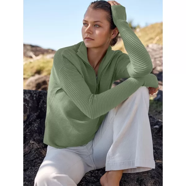 imageANRABESS Womens 2023 Trendy Long Sleeve Half Zip V Neck Collared Casual Oversized Ribbed Knit Pullover Sweater Thumb HoleLight Green
