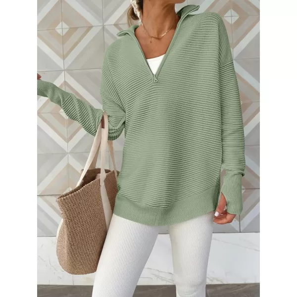 imageANRABESS Womens 2023 Trendy Long Sleeve Half Zip V Neck Collared Casual Oversized Ribbed Knit Pullover Sweater Thumb HoleLight Green