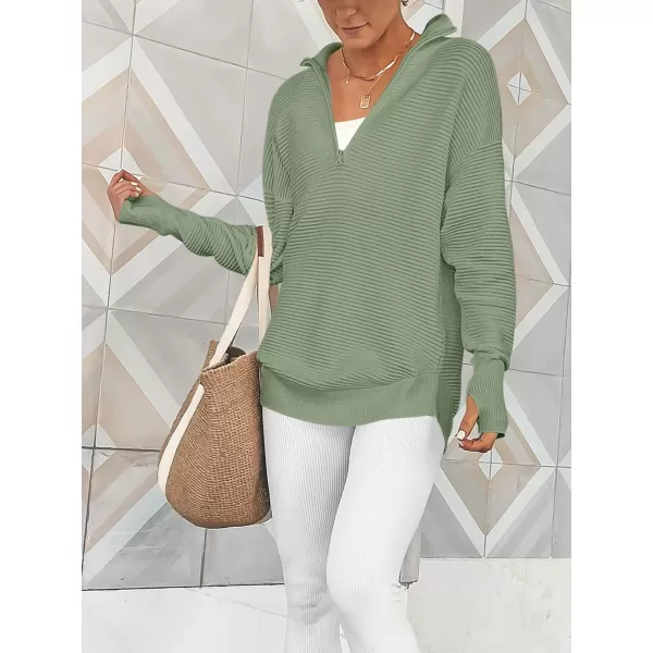 imageANRABESS Womens 2023 Trendy Long Sleeve Half Zip V Neck Collared Casual Oversized Ribbed Knit Pullover Sweater Thumb HoleLight Green
