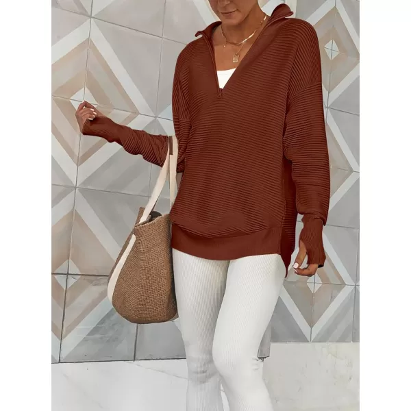 imageANRABESS Womens 2023 Trendy Long Sleeve Half Zip V Neck Collared Casual Oversized Ribbed Knit Pullover Sweater Thumb HoleRust