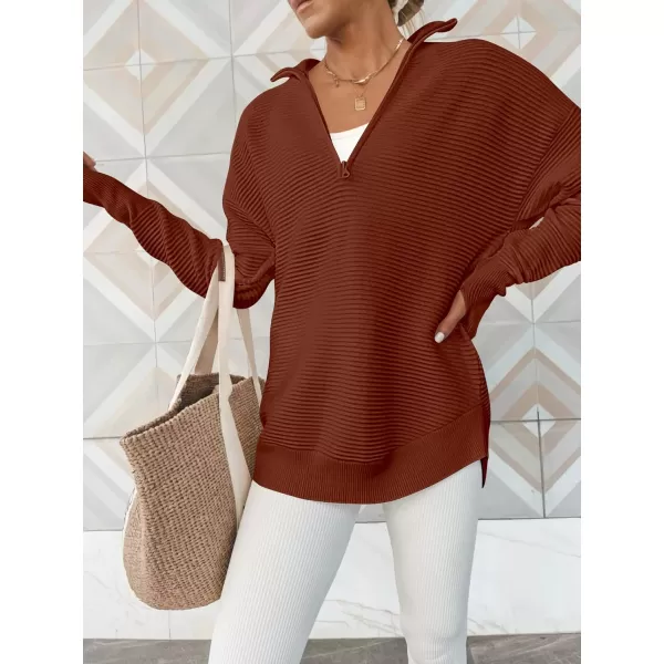 imageANRABESS Womens 2023 Trendy Long Sleeve Half Zip V Neck Collared Casual Oversized Ribbed Knit Pullover Sweater Thumb HoleRust