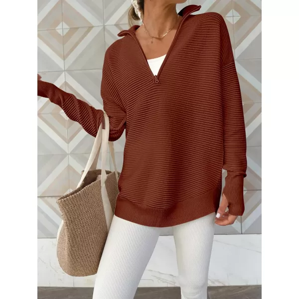 imageANRABESS Womens 2023 Trendy Long Sleeve Half Zip V Neck Collared Casual Oversized Ribbed Knit Pullover Sweater Thumb HoleRust