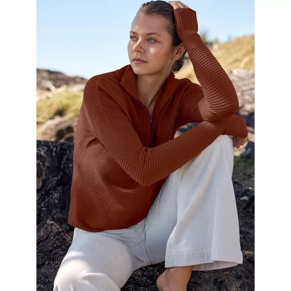 imageANRABESS Womens 2023 Trendy Long Sleeve Half Zip V Neck Collared Casual Oversized Ribbed Knit Pullover Sweater Thumb HoleRust