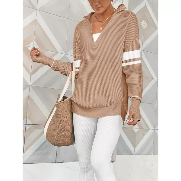 imageANRABESS Womens 2023 Trendy Long Sleeve Half Zip V Neck Collared Casual Oversized Ribbed Knit Pullover Sweater Thumb HoleStripebeige