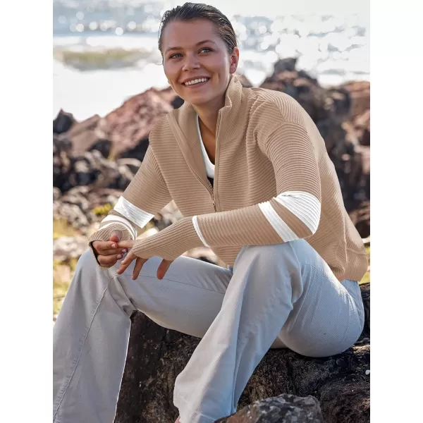 imageANRABESS Womens 2023 Trendy Long Sleeve Half Zip V Neck Collared Casual Oversized Ribbed Knit Pullover Sweater Thumb HoleStripebeige