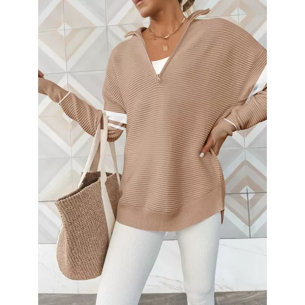 imageANRABESS Womens 2023 Trendy Long Sleeve Half Zip V Neck Collared Casual Oversized Ribbed Knit Pullover Sweater Thumb HoleStripebeige