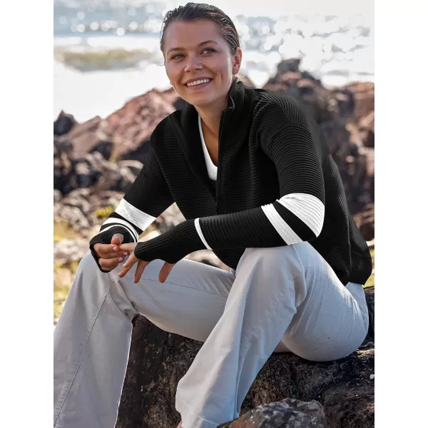 imageANRABESS Womens 2023 Trendy Long Sleeve Half Zip V Neck Collared Casual Oversized Ribbed Knit Pullover Sweater Thumb HoleStripeblack