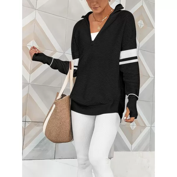 imageANRABESS Womens 2023 Trendy Long Sleeve Half Zip V Neck Collared Casual Oversized Ribbed Knit Pullover Sweater Thumb HoleStripeblack