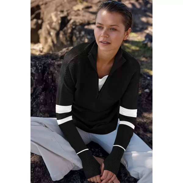imageANRABESS Womens 2023 Trendy Long Sleeve Half Zip V Neck Collared Casual Oversized Ribbed Knit Pullover Sweater Thumb HoleStripeblack