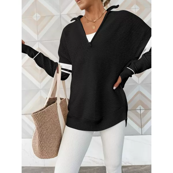 imageANRABESS Womens 2023 Trendy Long Sleeve Half Zip V Neck Collared Casual Oversized Ribbed Knit Pullover Sweater Thumb HoleStripeblack