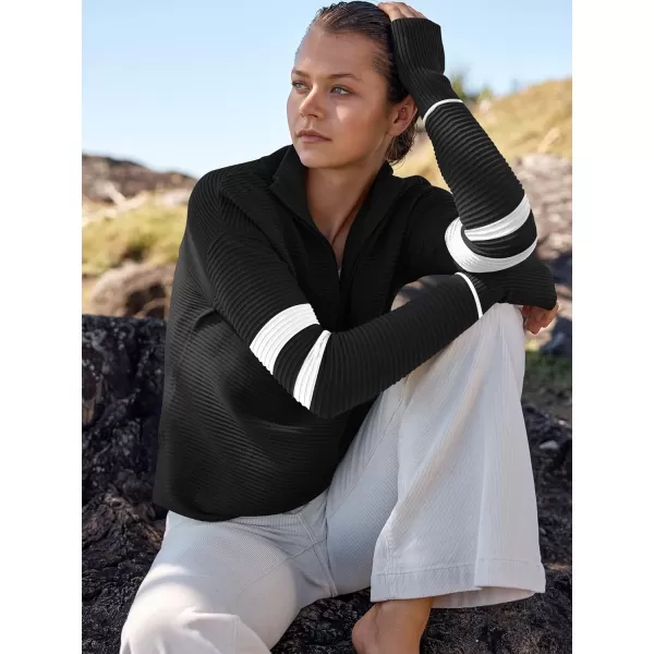 imageANRABESS Womens 2023 Trendy Long Sleeve Half Zip V Neck Collared Casual Oversized Ribbed Knit Pullover Sweater Thumb HoleStripeblack