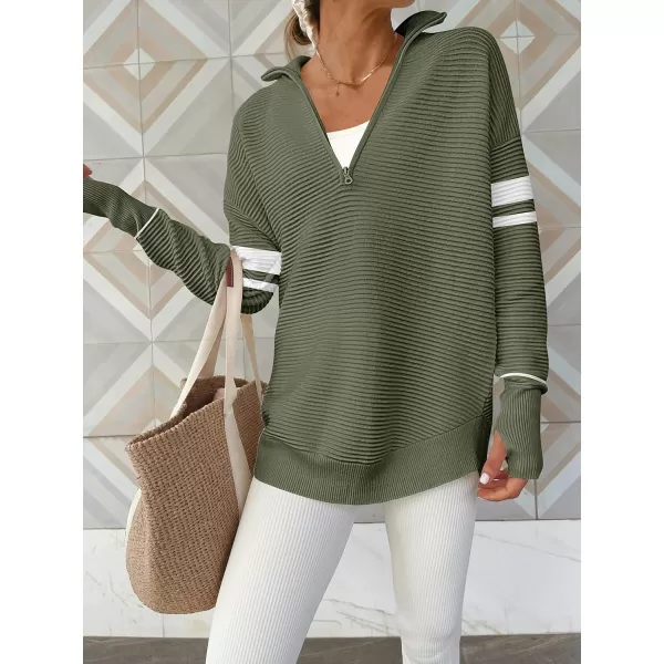 imageANRABESS Womens 2023 Trendy Long Sleeve Half Zip V Neck Collared Casual Oversized Ribbed Knit Pullover Sweater Thumb HoleStripegreen