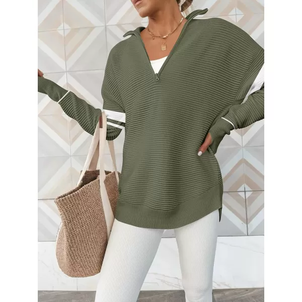 imageANRABESS Womens 2023 Trendy Long Sleeve Half Zip V Neck Collared Casual Oversized Ribbed Knit Pullover Sweater Thumb HoleStripegreen