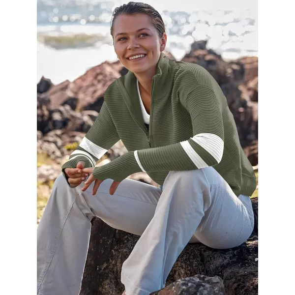 imageANRABESS Womens 2023 Trendy Long Sleeve Half Zip V Neck Collared Casual Oversized Ribbed Knit Pullover Sweater Thumb HoleStripegreen