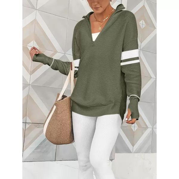 imageANRABESS Womens 2023 Trendy Long Sleeve Half Zip V Neck Collared Casual Oversized Ribbed Knit Pullover Sweater Thumb HoleStripegreen