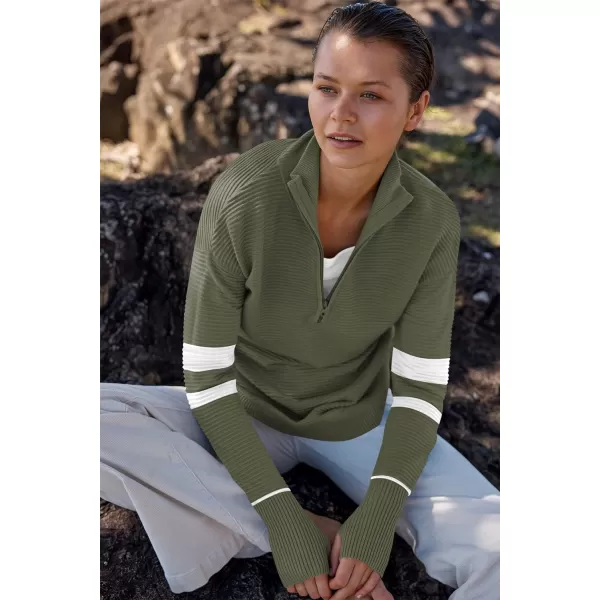 imageANRABESS Womens 2023 Trendy Long Sleeve Half Zip V Neck Collared Casual Oversized Ribbed Knit Pullover Sweater Thumb HoleStripegreen