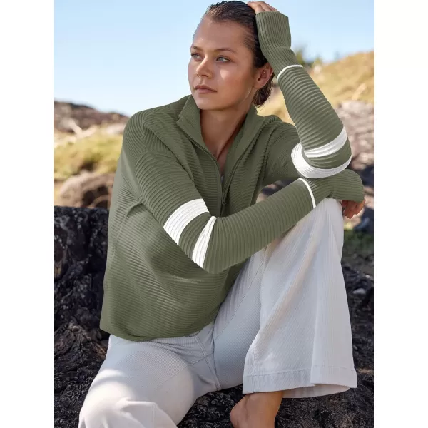imageANRABESS Womens 2023 Trendy Long Sleeve Half Zip V Neck Collared Casual Oversized Ribbed Knit Pullover Sweater Thumb HoleStripegreen