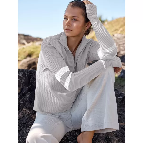 imageANRABESS Womens 2023 Trendy Long Sleeve Half Zip V Neck Collared Casual Oversized Ribbed Knit Pullover Sweater Thumb HoleStripegrey