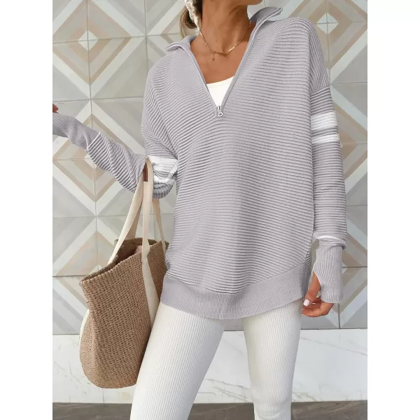 imageANRABESS Womens 2023 Trendy Long Sleeve Half Zip V Neck Collared Casual Oversized Ribbed Knit Pullover Sweater Thumb HoleStripegrey
