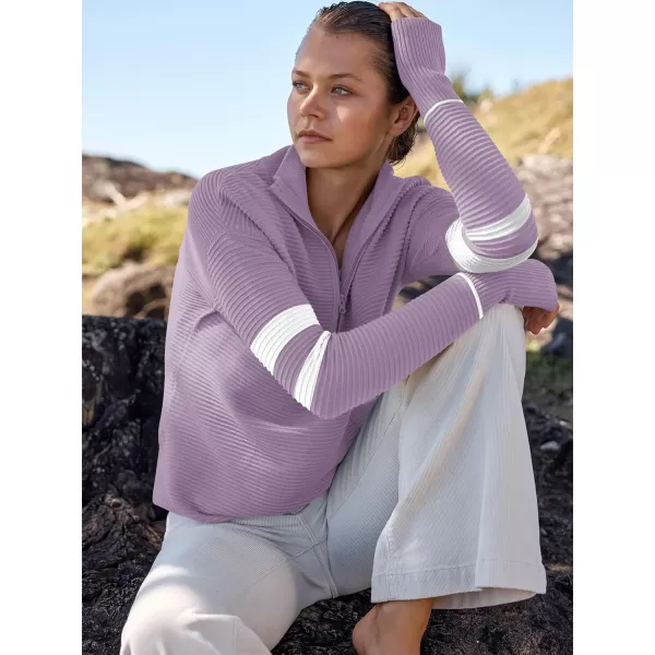 imageANRABESS Womens 2023 Trendy Long Sleeve Half Zip V Neck Collared Casual Oversized Ribbed Knit Pullover Sweater Thumb HoleStripepurple