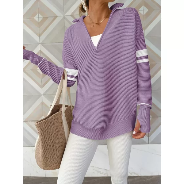 imageANRABESS Womens 2023 Trendy Long Sleeve Half Zip V Neck Collared Casual Oversized Ribbed Knit Pullover Sweater Thumb HoleStripepurple