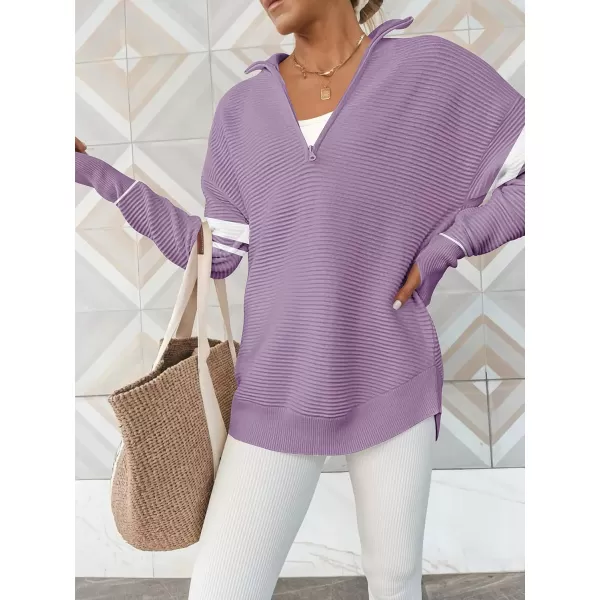 imageANRABESS Womens 2023 Trendy Long Sleeve Half Zip V Neck Collared Casual Oversized Ribbed Knit Pullover Sweater Thumb HoleStripepurple