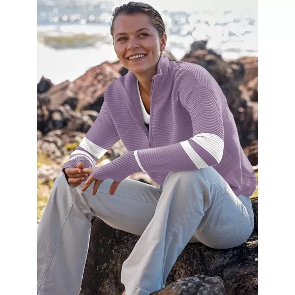imageANRABESS Womens 2023 Trendy Long Sleeve Half Zip V Neck Collared Casual Oversized Ribbed Knit Pullover Sweater Thumb HoleStripepurple