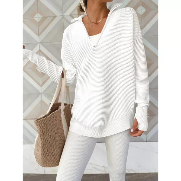 imageANRABESS Womens 2023 Trendy Long Sleeve Half Zip V Neck Collared Casual Oversized Ribbed Knit Pullover Sweater Thumb HoleWhite