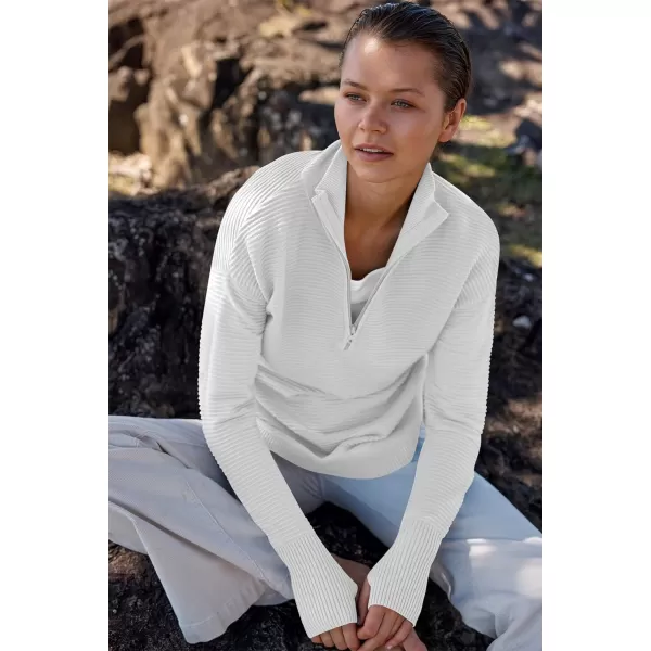 imageANRABESS Womens 2023 Trendy Long Sleeve Half Zip V Neck Collared Casual Oversized Ribbed Knit Pullover Sweater Thumb HoleWhite