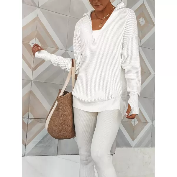 imageANRABESS Womens 2023 Trendy Long Sleeve Half Zip V Neck Collared Casual Oversized Ribbed Knit Pullover Sweater Thumb HoleWhite