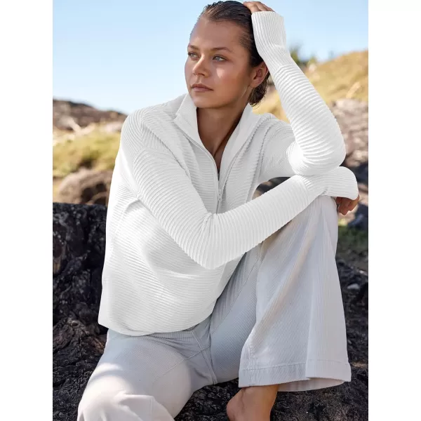 imageANRABESS Womens 2023 Trendy Long Sleeve Half Zip V Neck Collared Casual Oversized Ribbed Knit Pullover Sweater Thumb HoleWhite