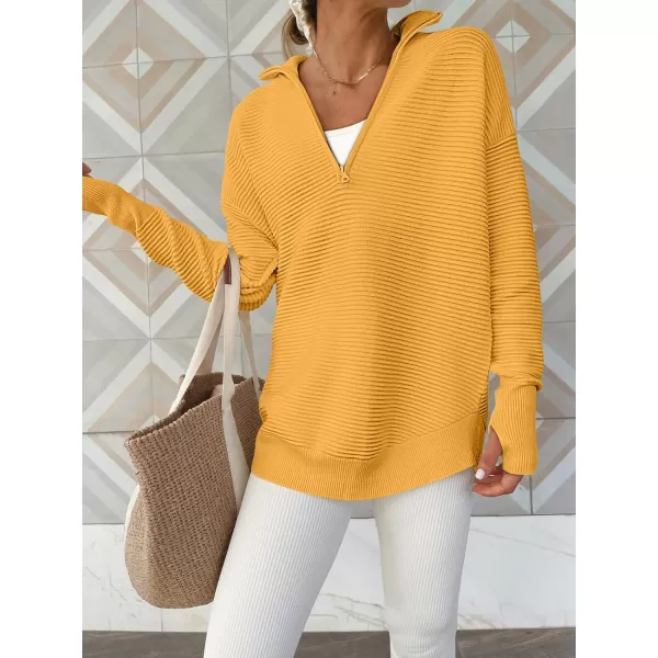 imageANRABESS Womens 2023 Trendy Long Sleeve Half Zip V Neck Collared Casual Oversized Ribbed Knit Pullover Sweater Thumb HoleYellow