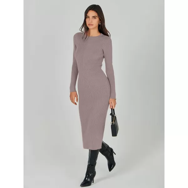 imageANRABESS Womens 2023 Trendy Long Sleeve Sweater Dress Crewneck Slim Fit Ribbed Knit Bodycon Midi DressAlmond