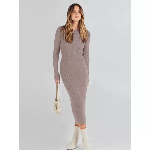 imageANRABESS Womens 2023 Trendy Long Sleeve Sweater Dress Crewneck Slim Fit Ribbed Knit Bodycon Midi DressAlmond