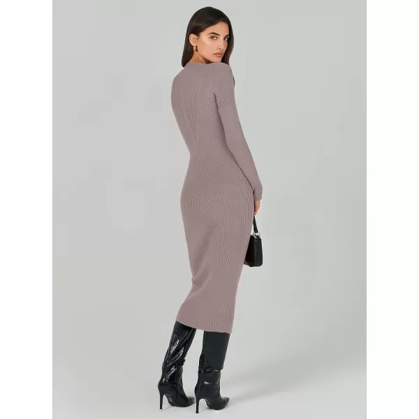 imageANRABESS Womens 2023 Trendy Long Sleeve Sweater Dress Crewneck Slim Fit Ribbed Knit Bodycon Midi DressAlmond