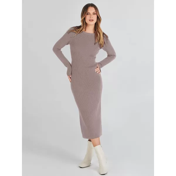 imageANRABESS Womens 2023 Trendy Long Sleeve Sweater Dress Crewneck Slim Fit Ribbed Knit Bodycon Midi DressAlmond