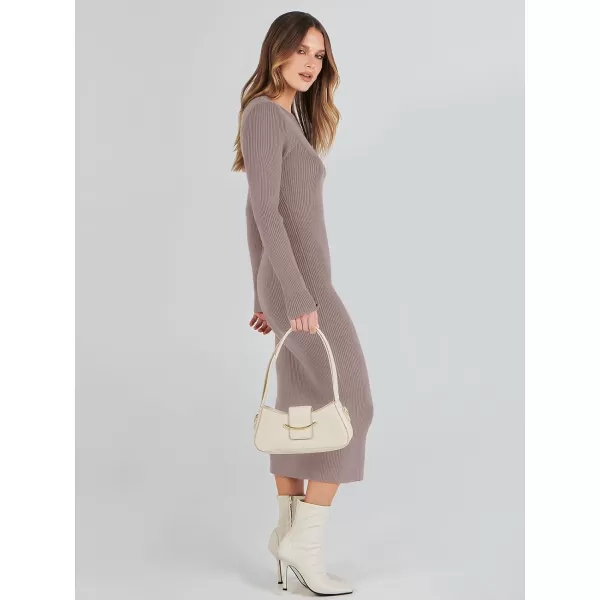 imageANRABESS Womens 2023 Trendy Long Sleeve Sweater Dress Crewneck Slim Fit Ribbed Knit Bodycon Midi DressAlmond