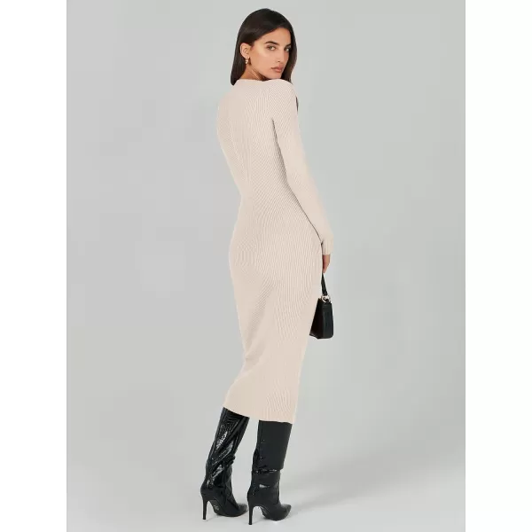 imageANRABESS Womens 2023 Trendy Long Sleeve Sweater Dress Crewneck Slim Fit Ribbed Knit Bodycon Midi DressBeige