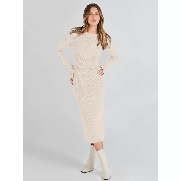 imageANRABESS Womens 2023 Trendy Long Sleeve Sweater Dress Crewneck Slim Fit Ribbed Knit Bodycon Midi DressBeige