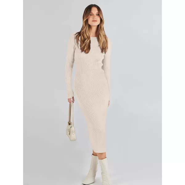 imageANRABESS Womens 2023 Trendy Long Sleeve Sweater Dress Crewneck Slim Fit Ribbed Knit Bodycon Midi DressBeige
