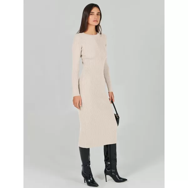 imageANRABESS Womens 2023 Trendy Long Sleeve Sweater Dress Crewneck Slim Fit Ribbed Knit Bodycon Midi DressBeige