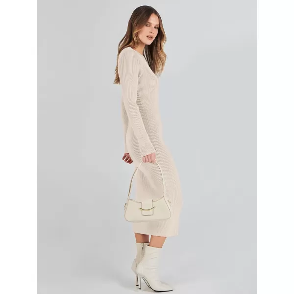 imageANRABESS Womens 2023 Trendy Long Sleeve Sweater Dress Crewneck Slim Fit Ribbed Knit Bodycon Midi DressBeige