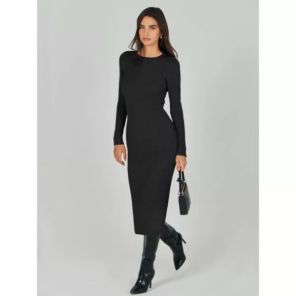 imageANRABESS Womens 2023 Trendy Long Sleeve Sweater Dress Crewneck Slim Fit Ribbed Knit Bodycon Midi DressBlack