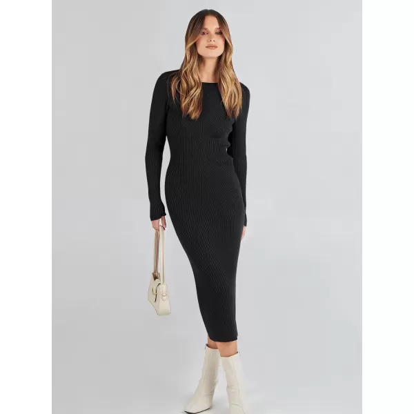 imageANRABESS Womens 2023 Trendy Long Sleeve Sweater Dress Crewneck Slim Fit Ribbed Knit Bodycon Midi DressBlack